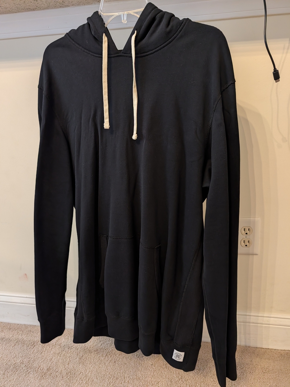 Reigning Champ Black Pullover Hoodie with Cream Drawstrings